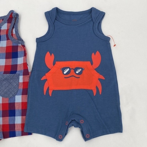 Baby Cat & Jack 0-3 months lot of 2 Blue Plaid Crab Shorts Romper Jumpsuit New - Picture 3 of 8